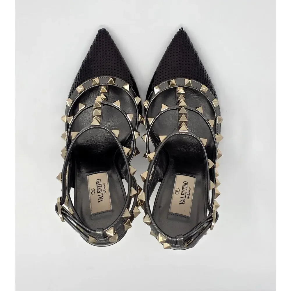 Valentino Rockstud Slingback Heels Stud Black Sequin Strappy Gladiator Pump 37 7